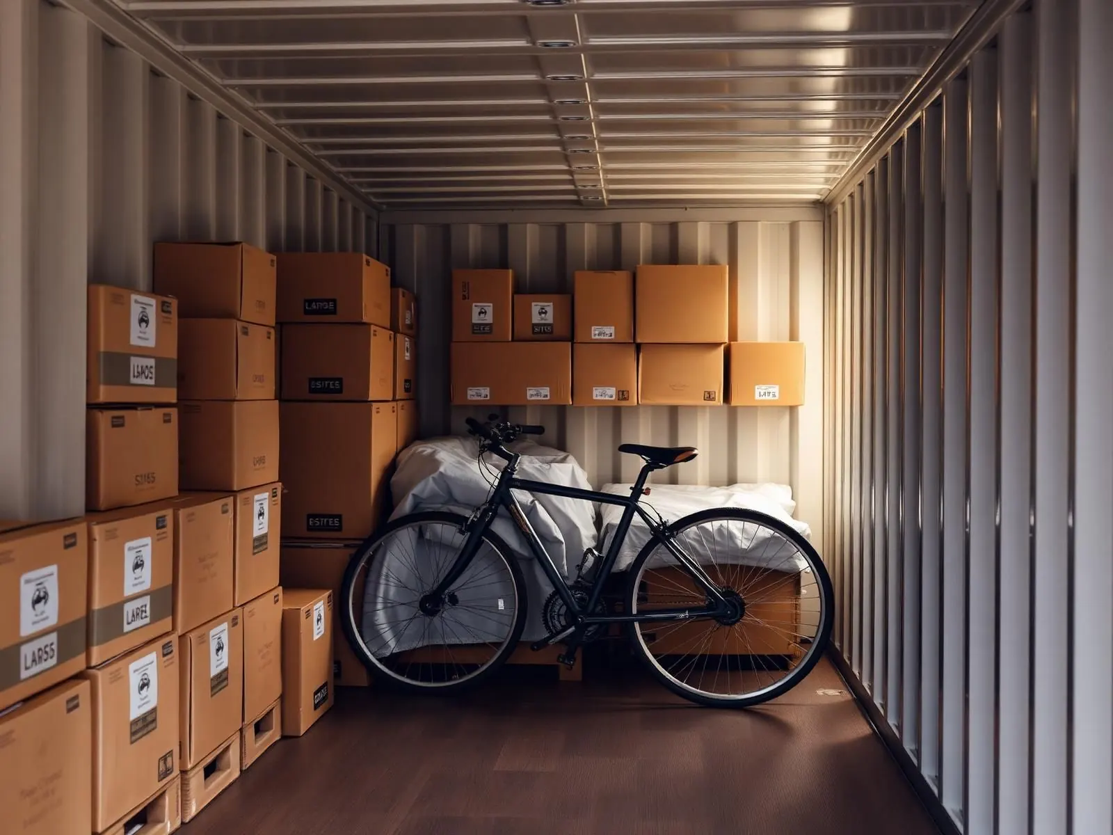 Inside a private storage container in Paphos: labelled moving boxes, a bicycle and furniture protected under breathable covers